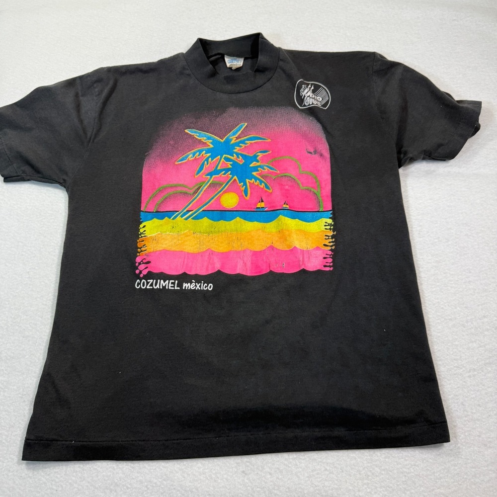 Cozumel Mexico T-Shirt XL Black Vintage 90s Style Neon Sunset Beach Palm Tree Te